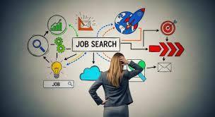 Job search illustration showing icons for resume, interview, networking, and career growth