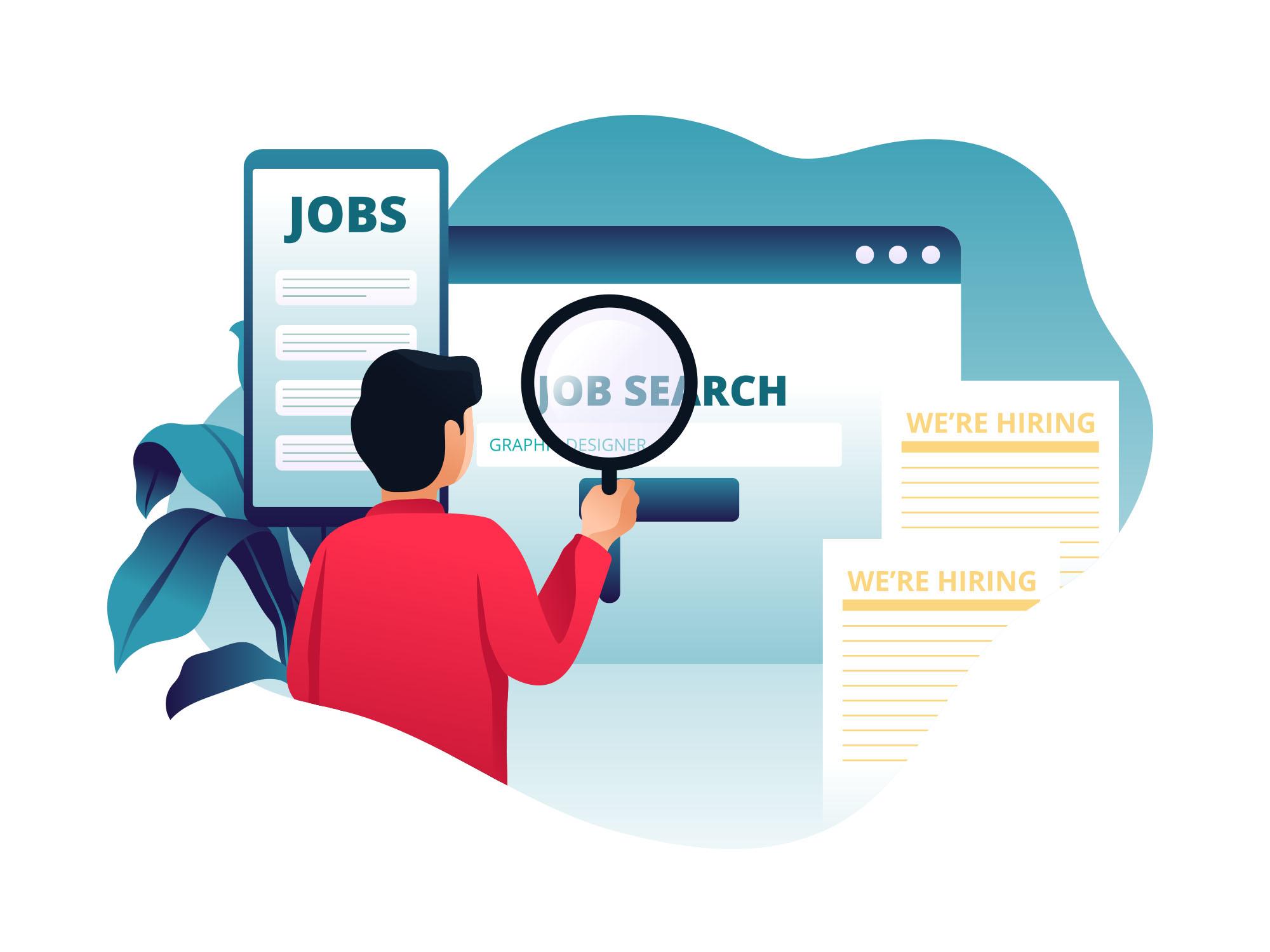 Job search illustration showing icons for resume, interview, networking, and career growth